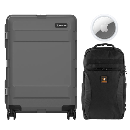 Pelican ATX 25" Waterproof Wheeled Check-In Travel Hard Case, Medium, Charcoal, Bundle with Alpine 190 Backpack, AirTag