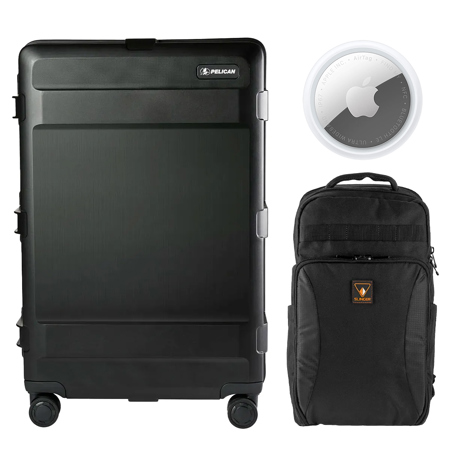 Pelican ATX 30" Waterproof Wheeled Check-In Travel Hard Case, Large, Black, Bundle with Alpine 190 Backpack and AirTag