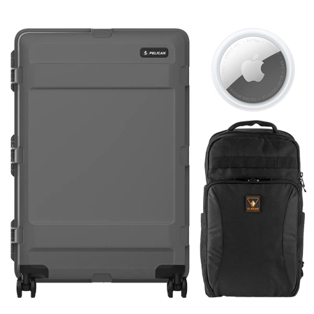 Pelican ATX 30" Waterproof Wheeled Check-In Travel Hard Case, Large, Charcoal, Bundle with Alpine 190 Backpack and AirTag