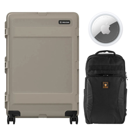 Pelican ATX 30" Waterproof Wheeled Check-In Travel Hard Case, Large, Sand, Bundle with Alpine 190 Backpack and AirTag