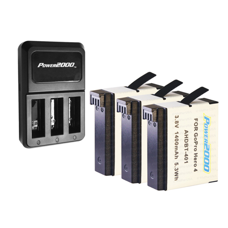 Power2000 3 X Lithium-Ion Rechargeable Battery 3.8v 1400mAh for GoPro HERO4 AHDBT-401, PT-G4 3-Bay Charger for GoPro HERO4 AHDBT-401 Battery