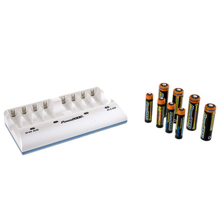 Power2000 XP875 Kit with 4x AA 2700 mAh and 4x AAA 1000 mAh NiMH Rechargeable Batteries and Universal 110/220V AC/DC Charger