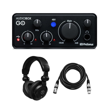 PreSonus AudioBox GO 2x2 USB Recording Interface, Bundle with Turnstile Audio TAPH100 Headphones and H&A 10' XLR Microphone Cable