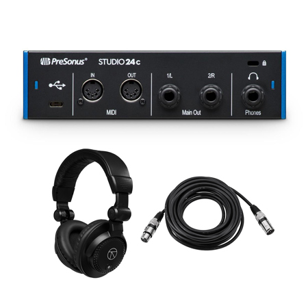PreSonus Studio 24c 2x2 Portable Ultra-High Definition USB Type-C Audio/MIDI Interface, Bundle with TAPH100 Headphones and 25' XLR Cable