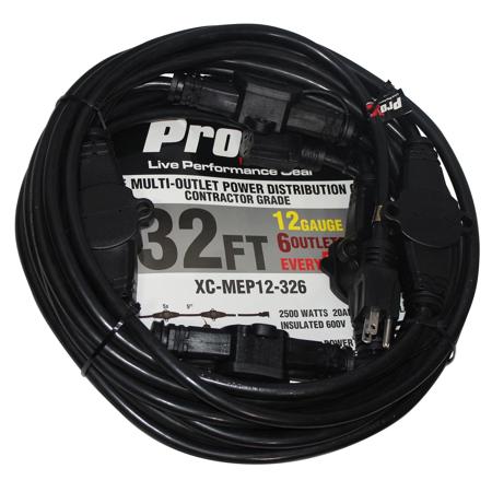ProX XC-MEP12-326 32' 110V Male to 6 Socket 110v Female Power Cord, Black