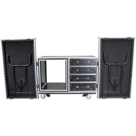 ProX 12 RU Shockproof Workstation Case with Dual Side Tables and Drawers, 24" Rail to Rail