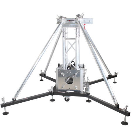 ProX XTP-GSBPACK3 Truss Tower Stage Roofing System Package, Includes Rigger Base with Extending Legs, 1m Truss Segment, 4x 4' Outrigger Brace Tubes with Clamps, 4-Way Junction Sleeve Block, Truss Top with I-Beam Mount and Chain Pulley Wheels, 4x Hinge Block