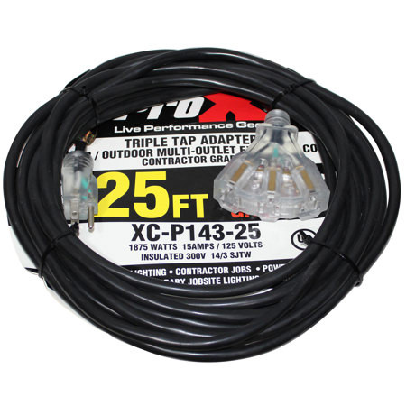 ProX XC-P143-25 25' 14AWG 110V to 110V Female Triple Tap Adapter Power Extension Cord