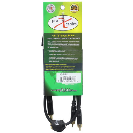 ProX XC-PYR03 3' 1/4" TS-M to Dual RCA-M Unbalanced Audio Y Cable