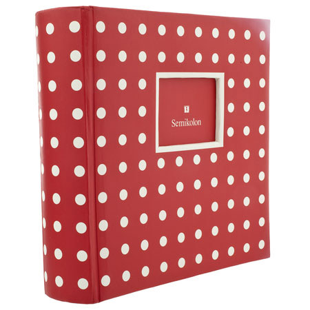 Semikolon Pierre Belvedere Economic 200 Series, Bound 8.6x8.6" Photo Album with Photo Cutout Front Cover, 50 Clear Pages, 4x6" Photos 2-Up, Color: Red / Cream Dots.