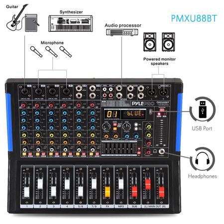 Pyle PMXU88BT 8-Channel Bluetooth 2.0 Studio Mixer and DJ Controller System