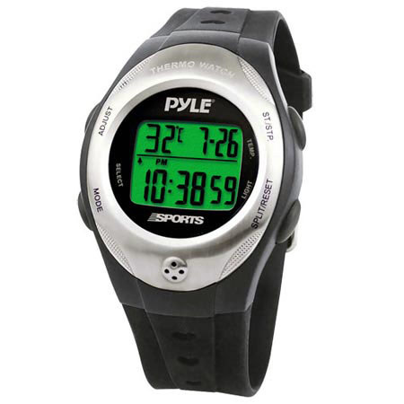 Pyle Thermo Watch with Thermometer, Chronograph, Countdown Timer, Black