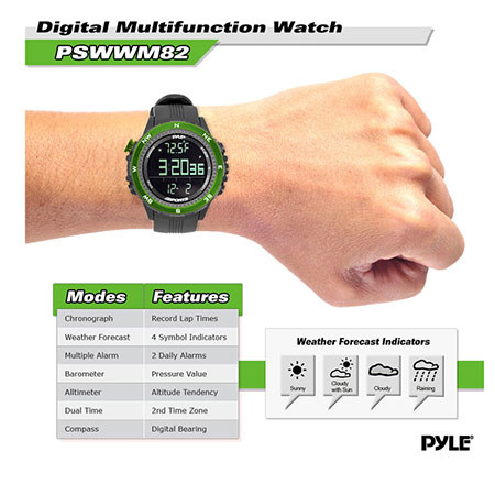 Pyle PSWWM82 Digital Multifunction Active Sports Watch with Altimeter, Green