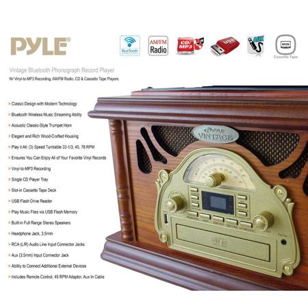 Pyle PTCDCS32BT Retro Vintage Bluetooth Turntable Record Player, Brown