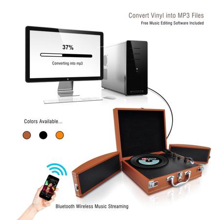 Pyle PVTTBT8 Bluetooth Record Player Turntable & Fold-Out Stereo Speaker, Orange