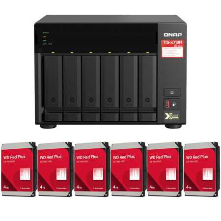 QNAP TS-673A 6-Bay Desktop NAS Enclosure, Bundle with 6x WD Red Plus 4TB 3.5" SATA III Internal NAS Hard Drive