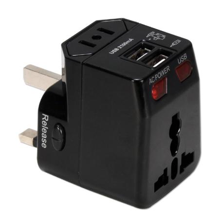 QVS Premium World Travel Power Adapter with Surge Protection & 2.1A Dual-USB Charger, Black