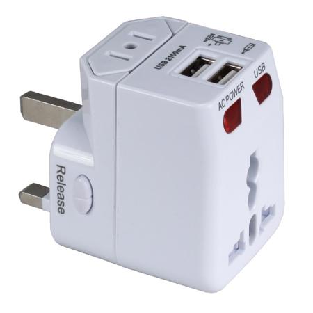QVS Premium World Travel Power Adapter with Surge Protection & 2.1A Dual-USB Charger, White