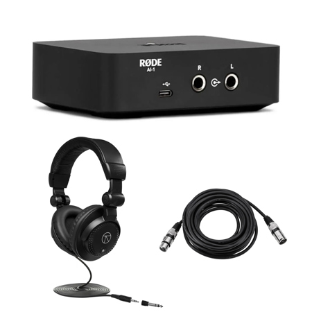 Rode AI-1 Studio-Quality USB Audio Interface, Bundle with TAPH100 Headphones and 25' XLR Male to Female Microphone Cable
