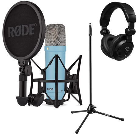 Rode Signature Series NT1 Cardioid Condenser Studio Microphone Blue with Stand & Headphones