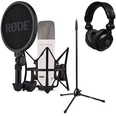 Rode Signature Series NT1 Cardioid Condenser Studio Microphone White with Stand & Headphones