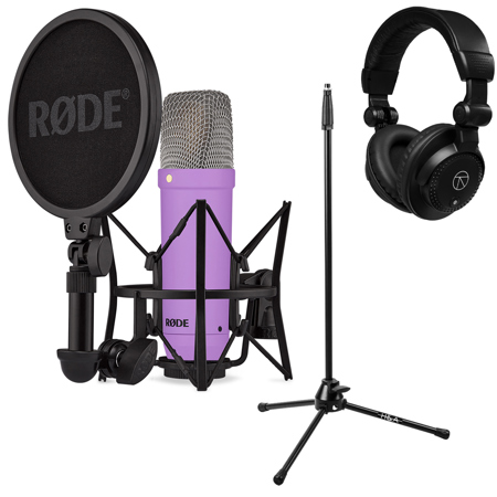 Rode Signature Series NT1 Cardioid Condenser Studio Microphone Purple with Stand & Headphones