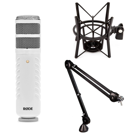 Rode Podcaster, Broadcast Quality Cardioid Dynamic USB Microphone for Computers - Bundle With Rode PSM1 Shock Mount, Rode PSA-1 Professional Studio Boom Arm, Microfi ber Cloth
