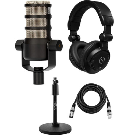 Rode PodMic Dynamic Podcasting Microphone Bundle with H&A Studio Monitor Headphones, Tabletop Microphone Stand, XLR M to F Mic Cable