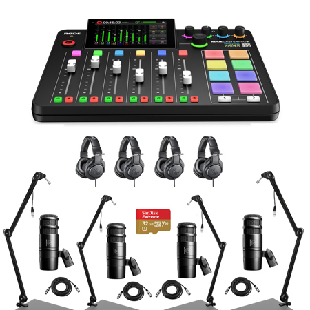 Rode RODECaster Pro II Integrated Audio Production Studio Console Bundle with 4x AT2040 Mic, 4x ATH-M20x Headphones, 4x Broadcast Arm, 4x M to F XLR Cable, 32BG microSD Card