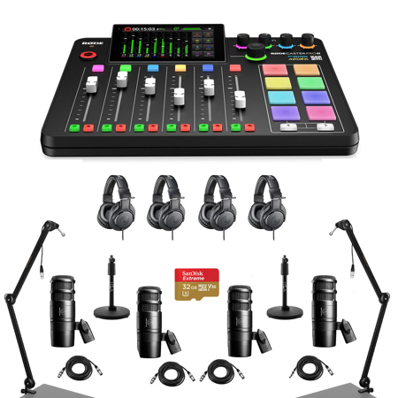 Rode RODECaster Pro II Integrated Audio Production Studio Console Bundle with 4x AT2040 Mic, 4x ATH-M20x Headphones, 2x Broadcast Arm, 2x Mic Stand, 4x M to F XLR Cable, 32GB microSD Card