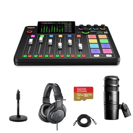 Rode RODECaster Pro II Integrated Audio Production Studio Console Bundle with AT2040 Mic, ATH-M20x Headphones, Mic Stand, M to F XLR Cable, 32GB microSD Card