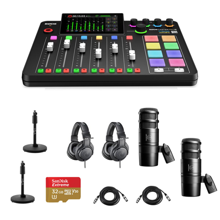 Rode RODECaster Pro II Integrated Audio Production Studio Console Bundle with 2x AT2040 Mic, 2x ATH-M20x Headphones, 2x Mic Stand, 2x M to F XLR Cable, 32GB microSD Card