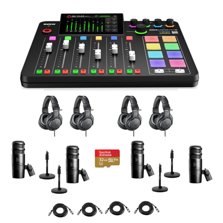 Rode RODECaster Pro II Integrated Audio Production Studio Console Bundle with 4x AT2040 Mic, 4x ATH-M20x Headphones, 4x Mic Stand, 4x M to F XLR Cable, 32GB microSD Card