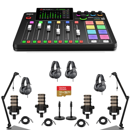 Rode RODECaster Pro II Integrated Audio Production Studio Console Bundle with 4x PodMic Microphone, 4x TAPH500 Headphones, 2x Broadcast Arm, 2x Mic Stand, 4x M to F XLR Cable, 32GB microSD Card