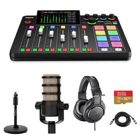 Rode RODECaster Pro II Integrated Audio Production Studio Console Bundle with PodMic Microphone, TAPH500 Headphones, Mic Stand, M to F XLR Cable, 32GB microSD Card