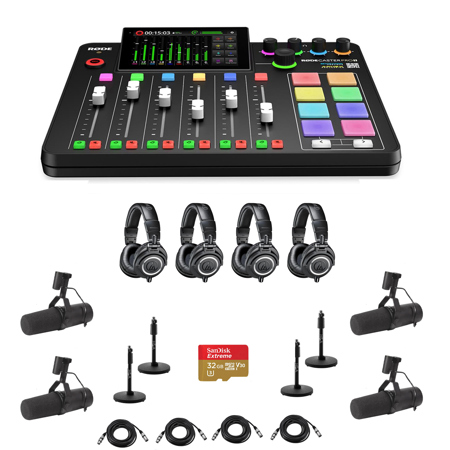 Rode RODECaster Pro II Integrated Audio Production Studio Console Bundle with 4x SM7B Mic, 4x ATH-M50x Headphones, 4x Mic Stand, 4x M to F XLR Cable, 32GB microSD Card