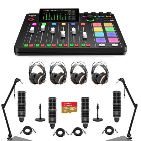 Rode RODECaster Pro II Integrated Audio Production Studio Console Bundle with 4x TAP300 Mic, 4x TAPH700 Headphones, 2x Broadcast Arm, 2x Mic Stand, 4x M to F XLR Cable, 32GB microSD Card