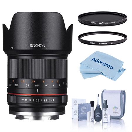 Rokinon 21mm f/1.4 Lens for Fujifilm X, Black, with Hoya 58mm UV & CPL Filters