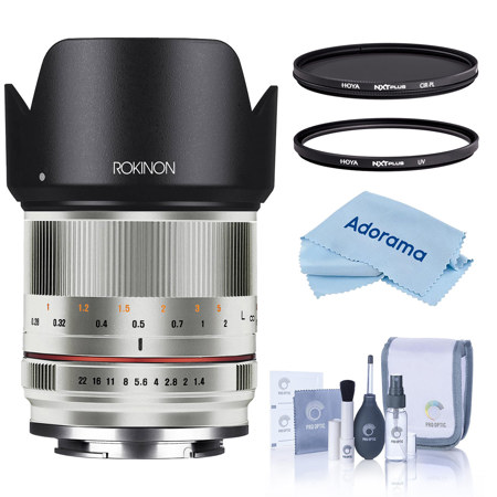 Rokinon 21mm f/1.4 Lens for Fujifilm X, Silver, with Hoya 58mm UV & CPL Filters
