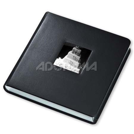 Renaissance Albums Library Bound Album, 24 Pages holds up to 10x10" Matted Photos, Black Chelsea Leather Covers with Photo Window, Black Pages, Silver Gilding