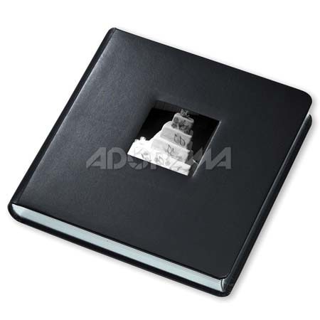Renaissance Albums Library Bound Album, 27 Pages holds up to 10x10" Matted Photos, Black Chelsea Leather Covers with Photo Window, Black Pages, Silver Gilding