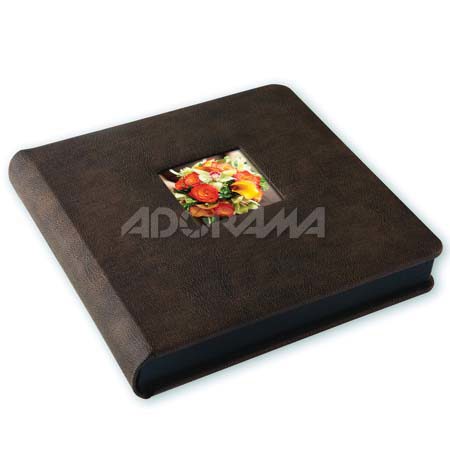 Renaissance Albums Library Bound Album, 15 Pages holds up to 10x10" Matted Photos, Distressed Brown Durapelle Covers with Photo Window, Black Pages, Black Gilding