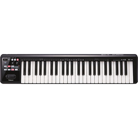 Roland A-49 MIDI Keyboard Controller, 49 Velocity Sensitive Keys, USB, Black