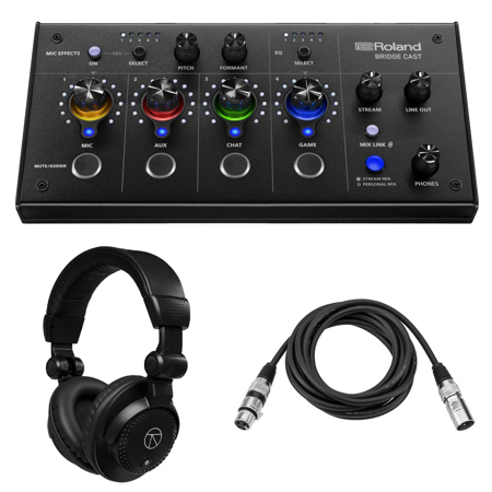 Roland BRIDGE CAST Dual Bus Gaming Audio Mixer, Bundle with TAPH100 Closed-Back Studio Monitor Headphones and 10' Value Series XLR M to F Professional Microphone Cable