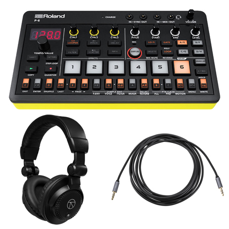 Roland P-6 AIRA Compact Creative Sampler, Bundle with TAPH100 Closed-Back Studio Monitor Headphones and 10' Stereo Mini Male to Stereo Mini Male Auxiliary Cable