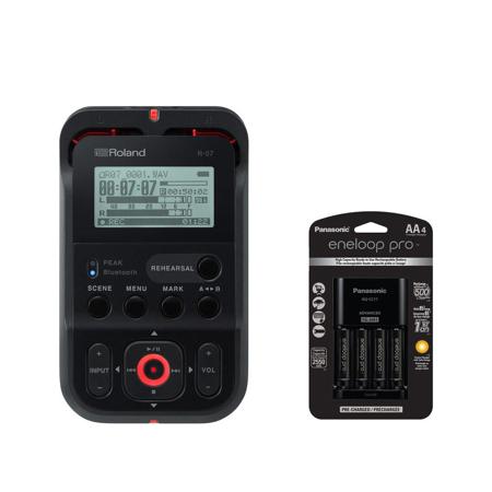 Roland R-07 Portable High-Resolution Audio Recorder - Black - With Panasonic Charger with 4 Pro Eneloop AA Size Batteries