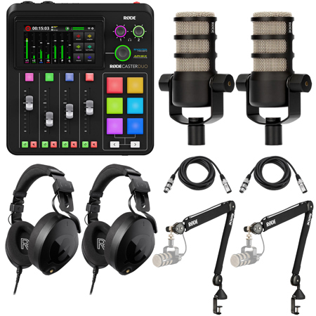Rode RODECaster Duo Integrated Audio Production Studio, Bundle with 2x PodMic Microphone, 2x NTH-100 Headphones, 2x PSA1+ Boom Arm and 2x Cable