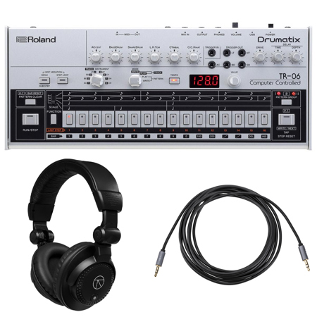 Roland TR-06 Drumatix Rhythm Performer, Bundle with TAPH100 Closed-Back Studio Monitor Headphones and 10' Stereo Mini Male to Stereo Mini Male Auxiliary Cable