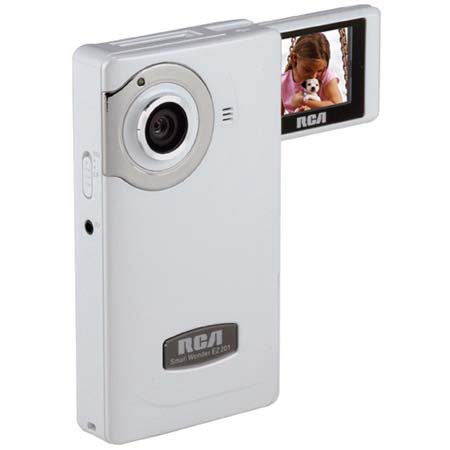 RCA EZ201 Small Wonder Flip Out Digital Camcorder with 60 Minutes Internal Flash Recording & SD Expansion Slot, 1.5" Flip Out Display, White