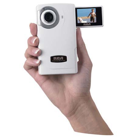 RCA EZ201 Small Wonder Flip Out Digital Camcorder with 60 Minutes Internal Flash Recording & SD Expansion Slot, 1.5" Flip Out Display, White